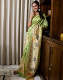Ready To Wear Parrot green Silk Printed Saree