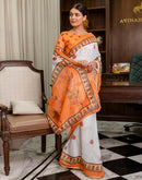 Ready To Wear White Linen Printed Saree