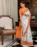 Ready To Wear White Linen Printed Saree