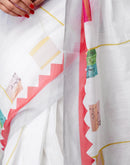 Ready To Wear White Linen Printed Saree
