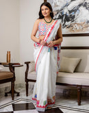 Ready To Wear White Linen Printed Saree