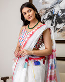 Ready To Wear White Linen Printed Saree