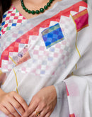 Ready To Wear White Linen Printed Saree