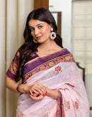 Ready To Wear Light Pink Linen Printed Saree