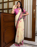 Ready To Wear Light Cream Linen Printed Saree
