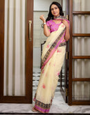Ready To Wear Light Cream Linen Printed Saree