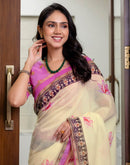Ready To Wear Light Cream Linen Printed Saree