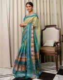 Ready To Wear Teal Blue Cotton Printed Saree