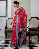 Ready To Wear Red Linen Printed Saree