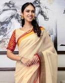 Ready To Wear Light Peach Linen Printed Saree