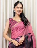 Ready To Wear Pink Linen Printed Saree