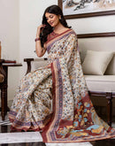 Ready To Wear Off White Linen Printed Saree