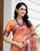 Ready To Wear Orange Silk Printed Saree