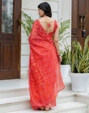 Ready To Wear Red Linen Printed Saree