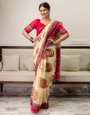 Ready To Wear Cream Linen Printed Saree