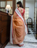 Ready To Wear Light Orange Linen Zari Border Saree