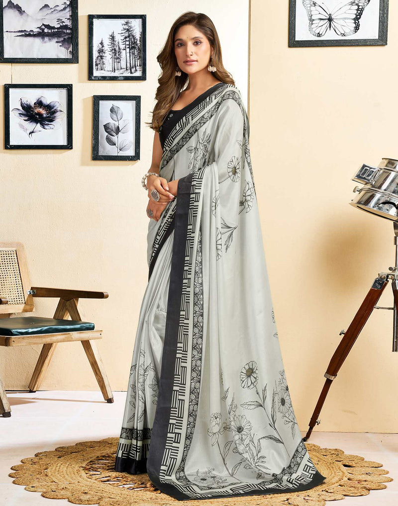 Ready To Wear Off White Chinnon Printed Saree