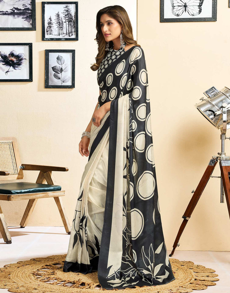 Ready To Wear Off White Chinnon Printed Saree