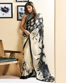 Ready To Wear Off White Chinnon Printed Saree