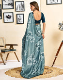 Ready To Wear Dusty Teal Blue Chinnon Floral Printed Saree