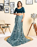 Ready To Wear Dusty Teal Blue Chinnon Floral Printed Saree