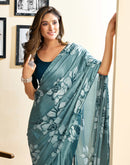 Ready To Wear Dusty Teal Blue Chinnon Floral Printed Saree