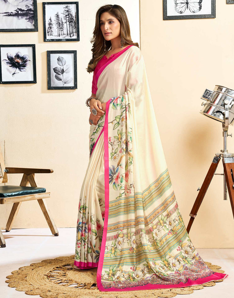 Ready To Wear Off White Chinnon Floral Printed Saree