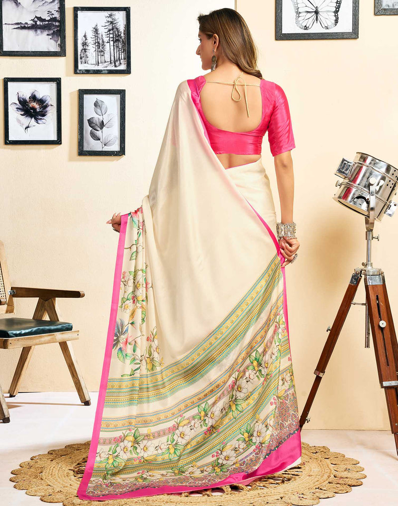 Ready To Wear Off White Chinnon Floral Printed Saree