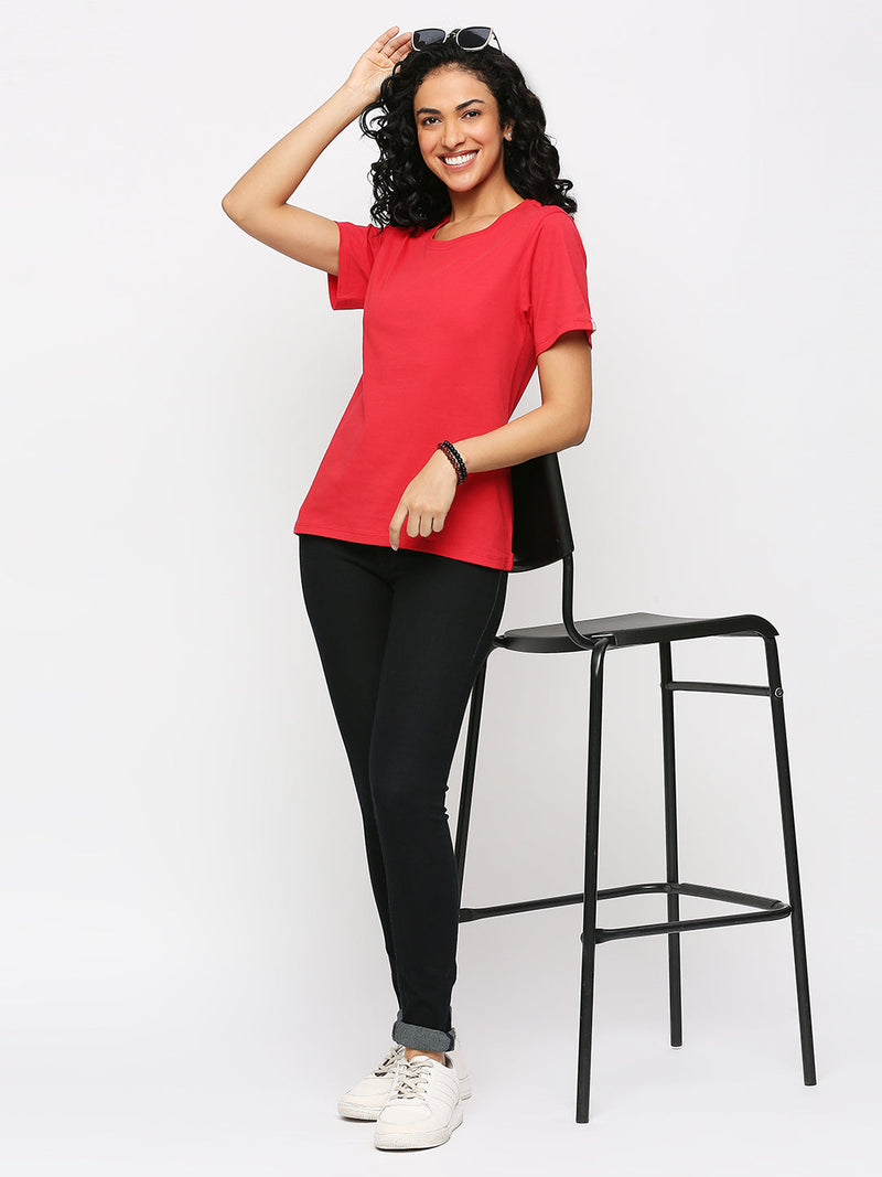 Solid Red Cotton Rich Essential T-Shirt for Women