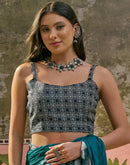 Ready To Wear Teal Blue Cotton Printed Saree