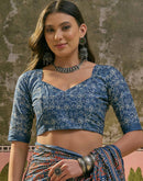 Ready To Wear Blue Cotton Printed Saree