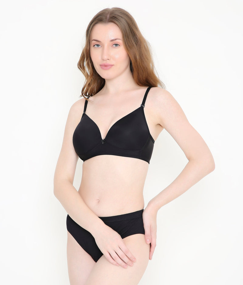 Solid Black Silky Soft Full Coverage Deep Neck T-Shirt Bra | Padded | Stretchable Bra for Women