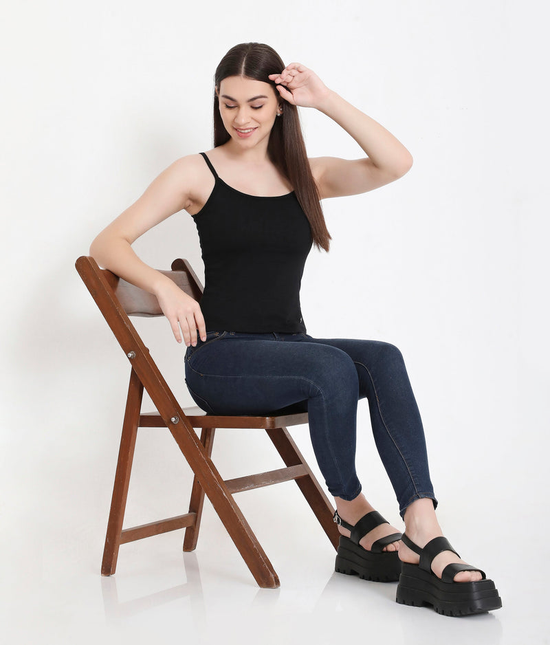 Women Solid Black Pure Cotton Innerwear Camisole with Slender Straps