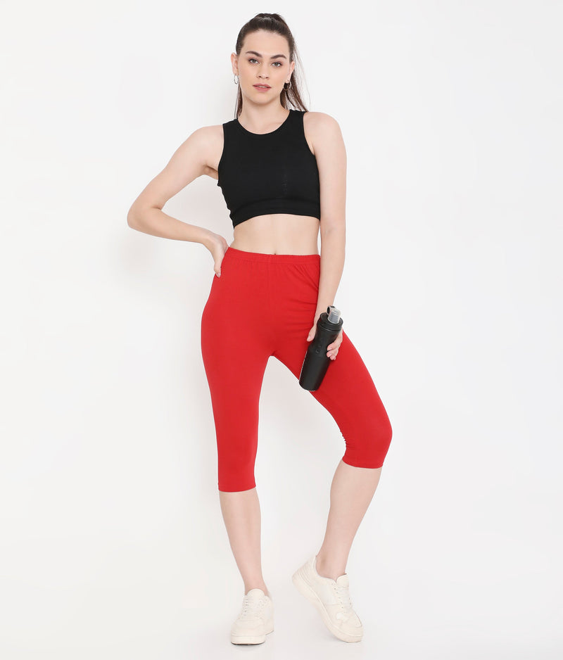WOMEN SOLID RED SOFT COTTON EVERYDAY CAPRI
