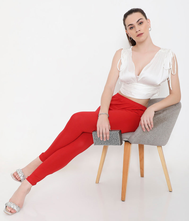 SOLID RED ANKLE-LENGTH COTTON LEGGINGS FOR WOMEN