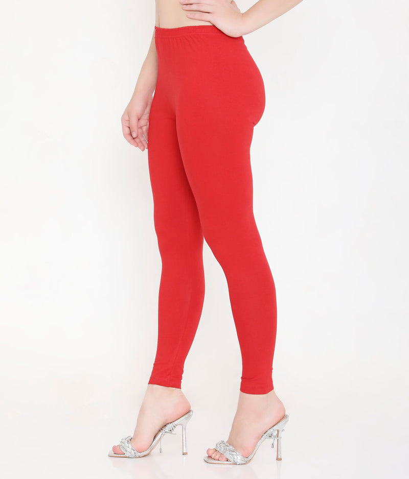 SOLID RED ANKLE-LENGTH COTTON LEGGINGS FOR WOMEN