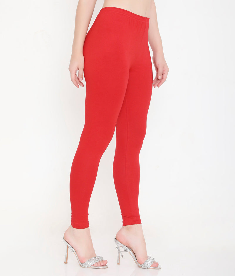 SOLID RED ANKLE-LENGTH COTTON LEGGINGS FOR WOMEN