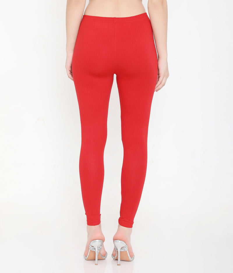 SOLID RED ANKLE-LENGTH COTTON LEGGINGS FOR WOMEN