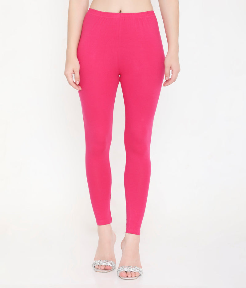 SOLID DARK PINK ANKLE-LENGTH COTTON LEGGINGS FOR WOMEN