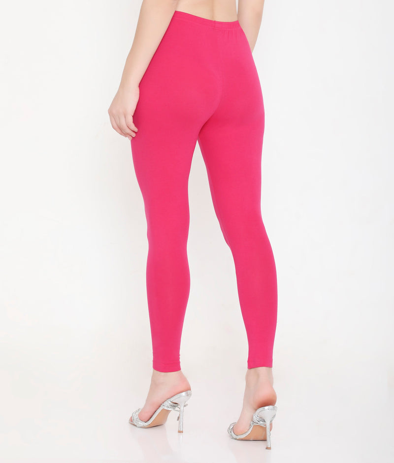 SOLID DARK PINK ANKLE-LENGTH COTTON LEGGINGS FOR WOMEN