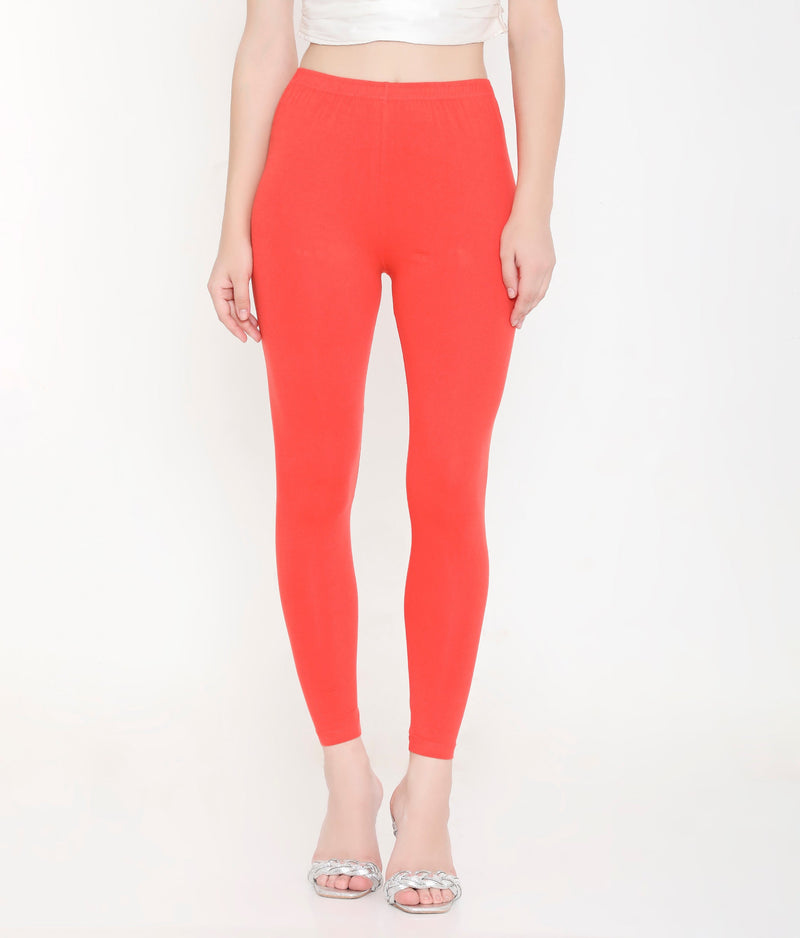 SOLID ORANGE ANKLE-LENGTH COTTON LEGGINGS FOR WOMEN