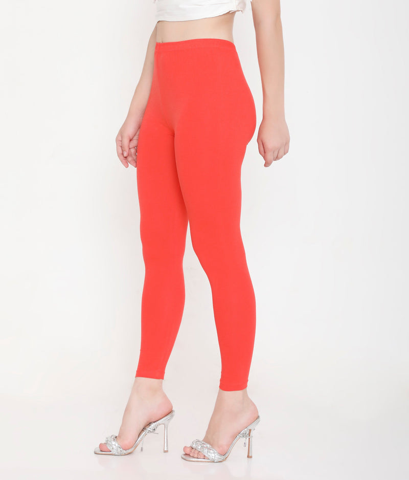 SOLID ORANGE ANKLE-LENGTH COTTON LEGGINGS FOR WOMEN