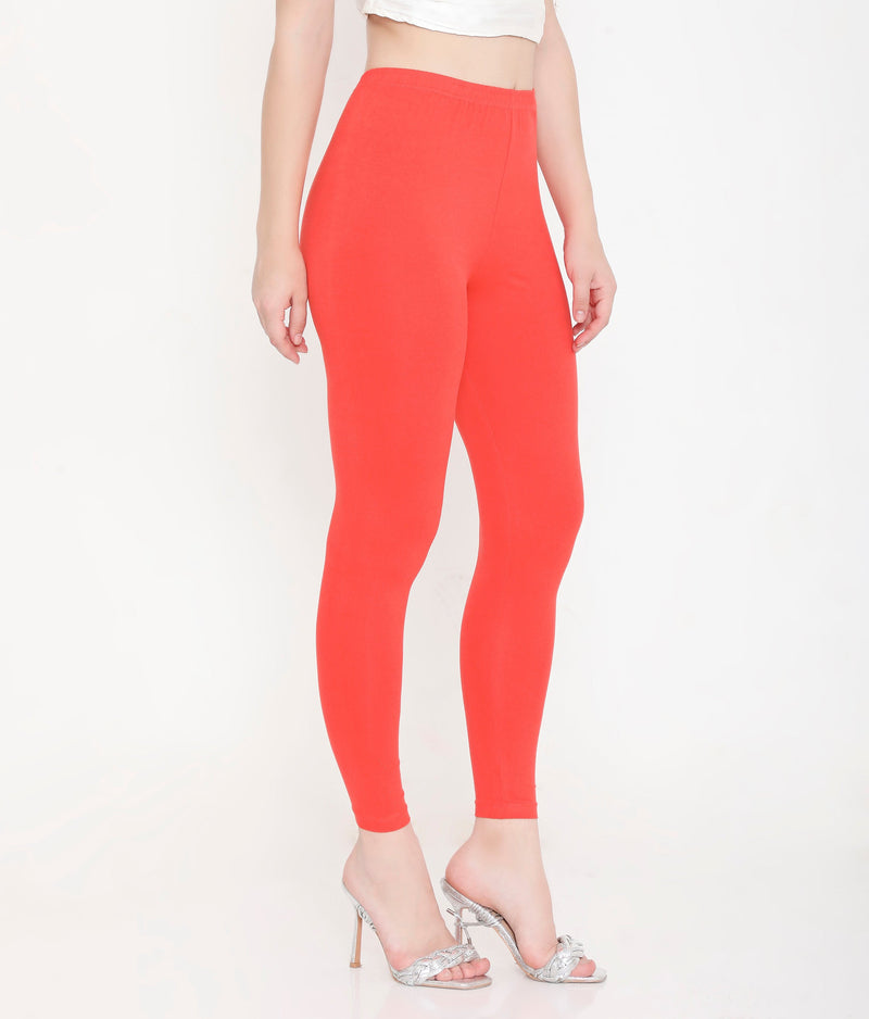 SOLID ORANGE ANKLE-LENGTH COTTON LEGGINGS FOR WOMEN