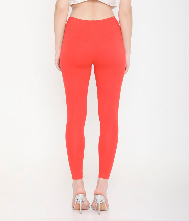 SOLID ORANGE ANKLE-LENGTH COTTON LEGGINGS FOR WOMEN