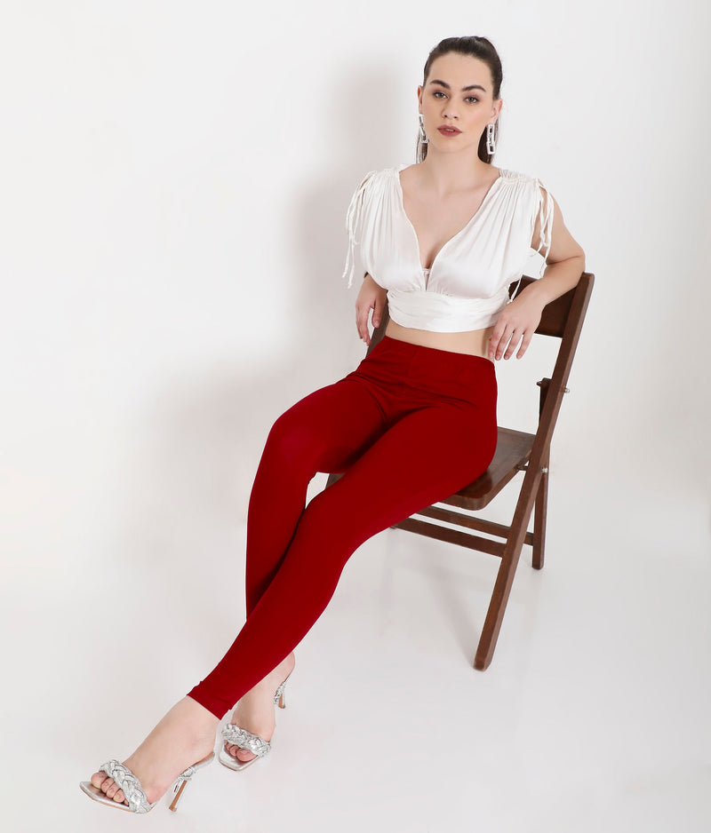 SOLID MAROON ANKLE-LENGTH COTTON LEGGINGS FOR WOMEN