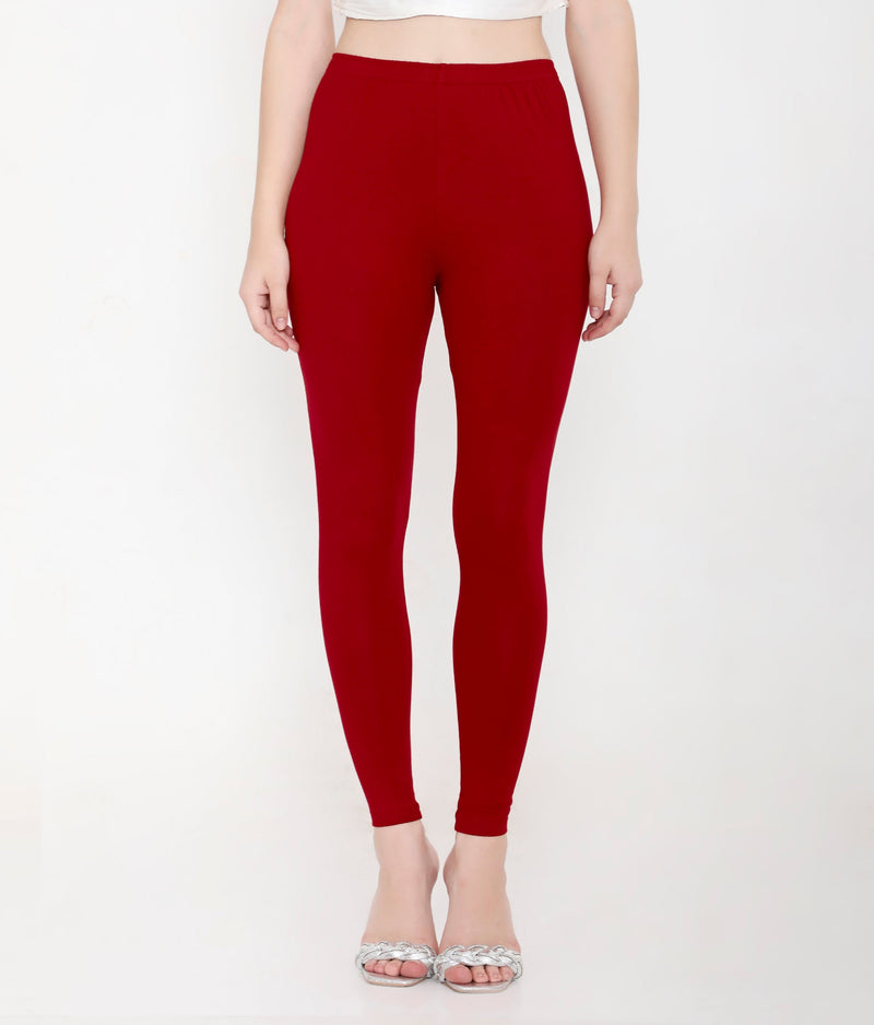 SOLID MAROON ANKLE-LENGTH COTTON LEGGINGS FOR WOMEN