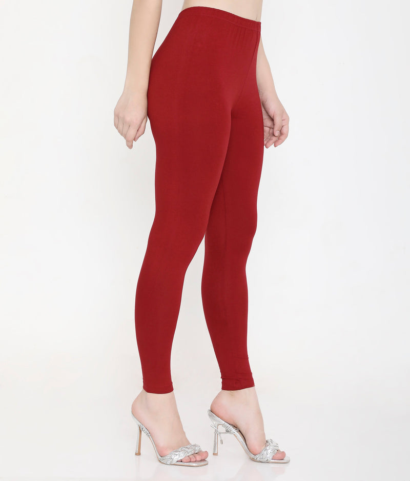SOLID MAROON ANKLE-LENGTH COTTON LEGGINGS FOR WOMEN