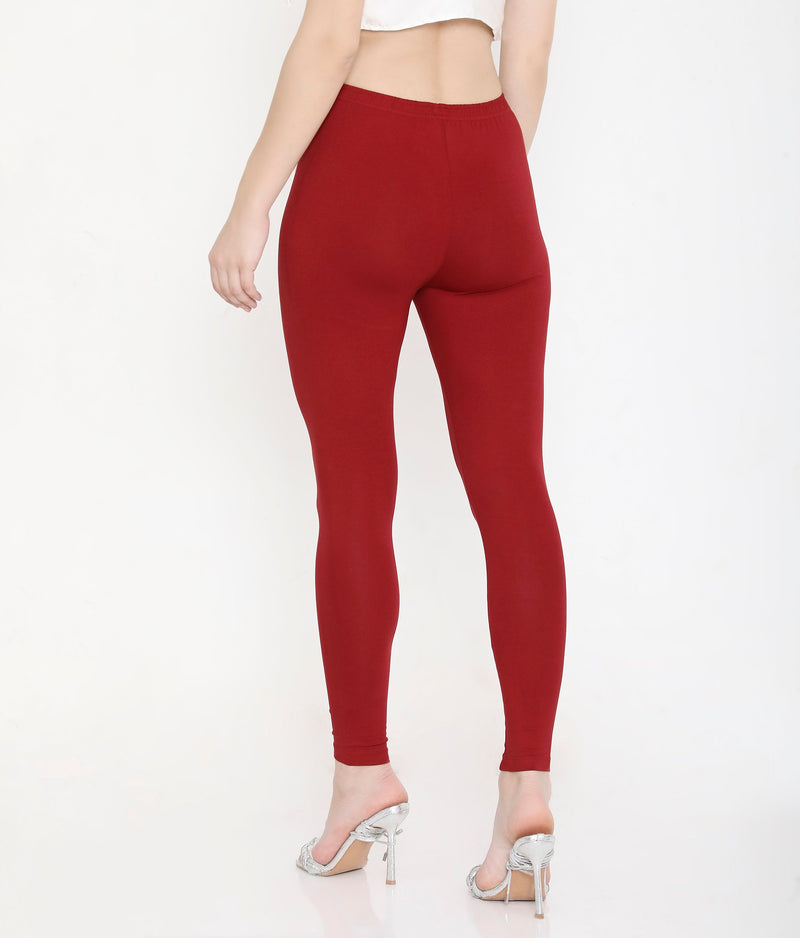 SOLID MAROON ANKLE-LENGTH COTTON LEGGINGS FOR WOMEN