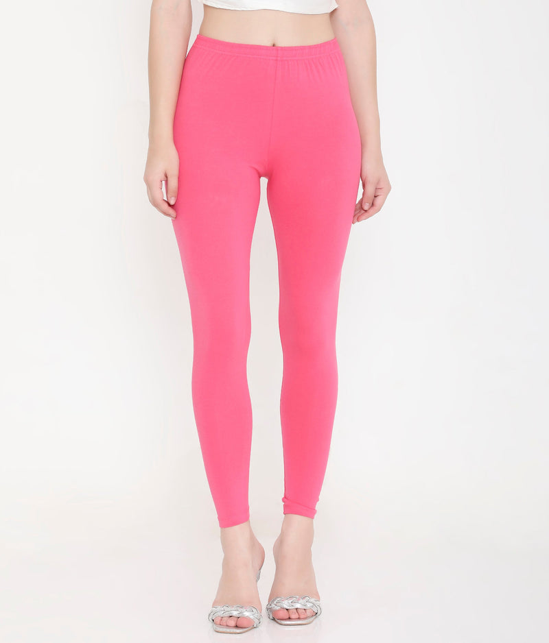 SOLID PINK ANKLE-LENGTH COTTON LEGGINGS FOR WOMEN