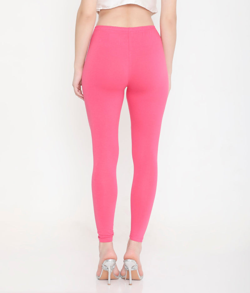 SOLID PINK ANKLE-LENGTH COTTON LEGGINGS FOR WOMEN